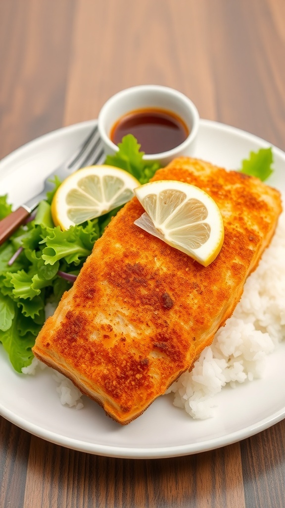 Crispy Air Fryer Salmon Katsu Recipe Crispy salmon katsu on a plate with lemon wedges, tonkatsu sauce, rice, and salad.